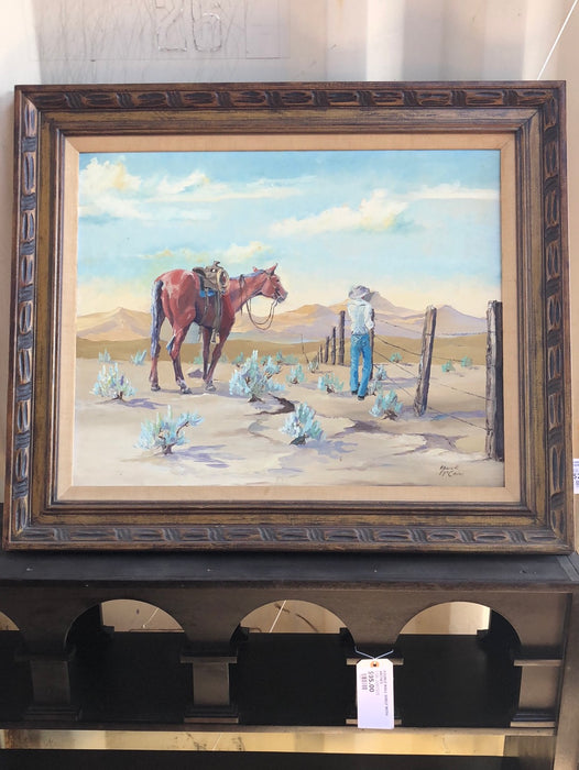 HORSE AND COWBOY AT THE FENCE OIL PAINTING ON BOARD BY BUCK MCCAIN