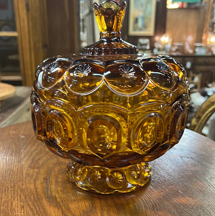 AMBER COVERED COMPOTE PRESSED GLASS