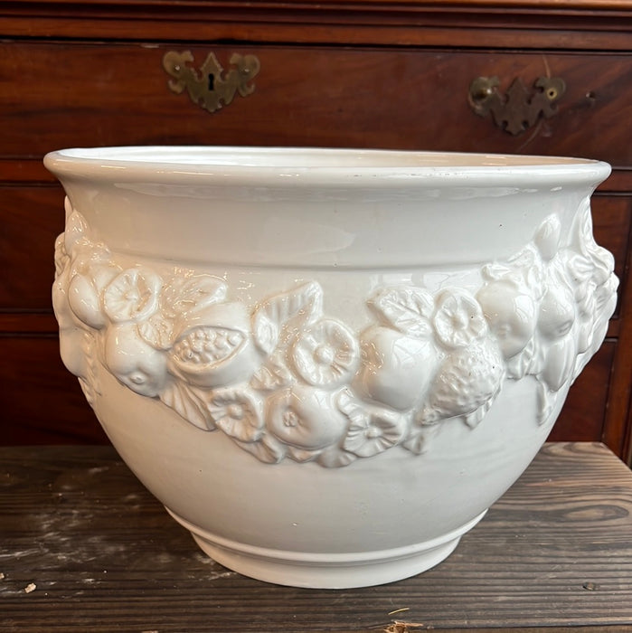 LARGE WHITE PLANTER WITH FRUIT AND FACES