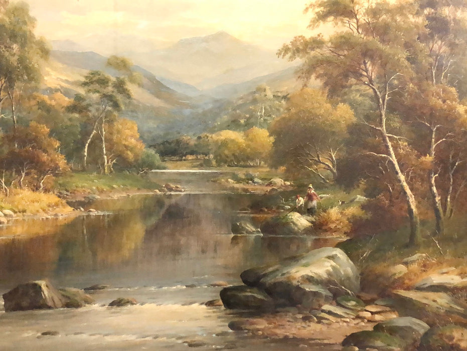 ORNATE FRAMED LANDSCAPE OIL PAINTING OF RIVER AND MOUNTAINS WITH COUPLE FISHING