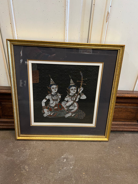 PAIR SQUARE GOLD FRAMED THAI PAINTING ON SILK