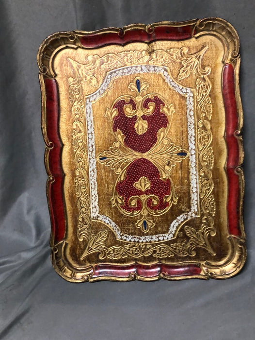 LARGE FLORENTINE RECTANGULAR TRAY WITH RED AND GOLD