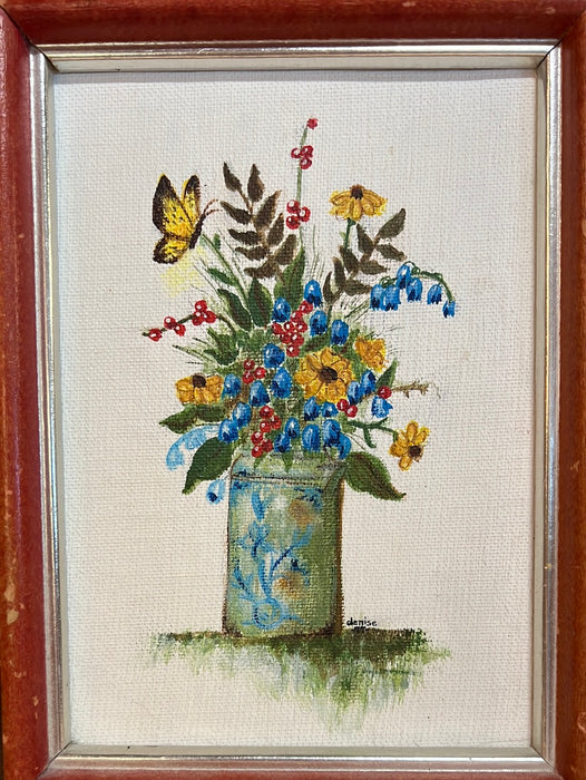 MINI PAINTING OF WILD FLOWERS IN JAR WITH BUTTERFLY IN ORANGE FRAME