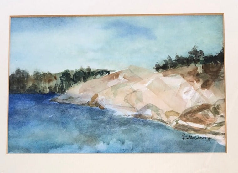 WATERCOLOR PAINTING OF A ROCKY SHORE BY BETTY YOUNG