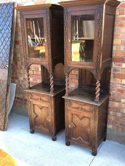 PAIR OF NARROW BARLEY TWIST OAK DISPLAY CABINETS