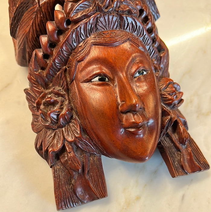 SMALL ASIAN CARVED WOOD LADY'S FACE WITH BIRDS