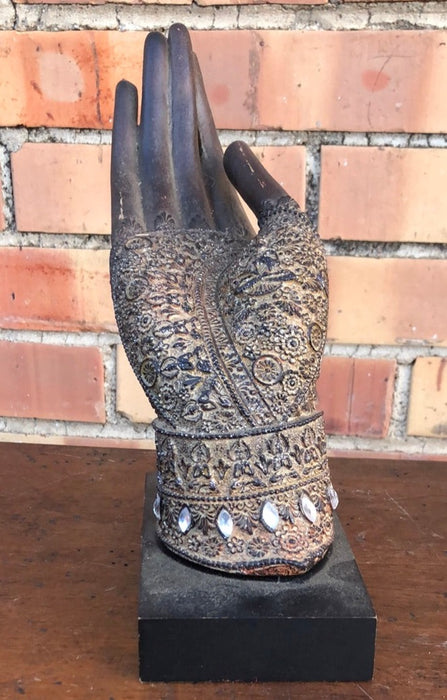INDIAN WOOD WITH BRASS OVERLAY  HAND