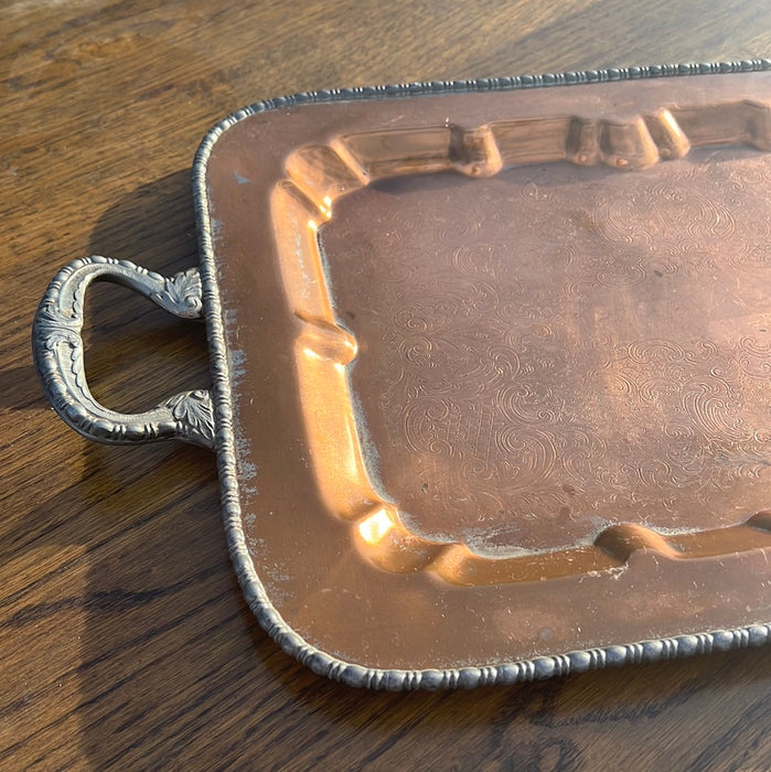 COPPER TRAY WITH SILVERPLATE HANDLES AND RIM