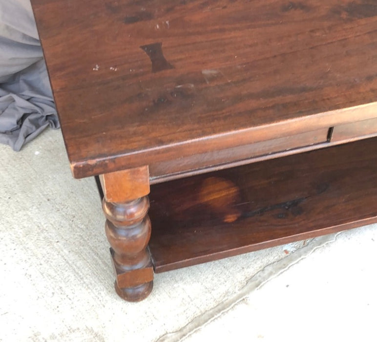 DARK MAHOGANY THICK TOP COFFEE TABLE WITH DRAWER
