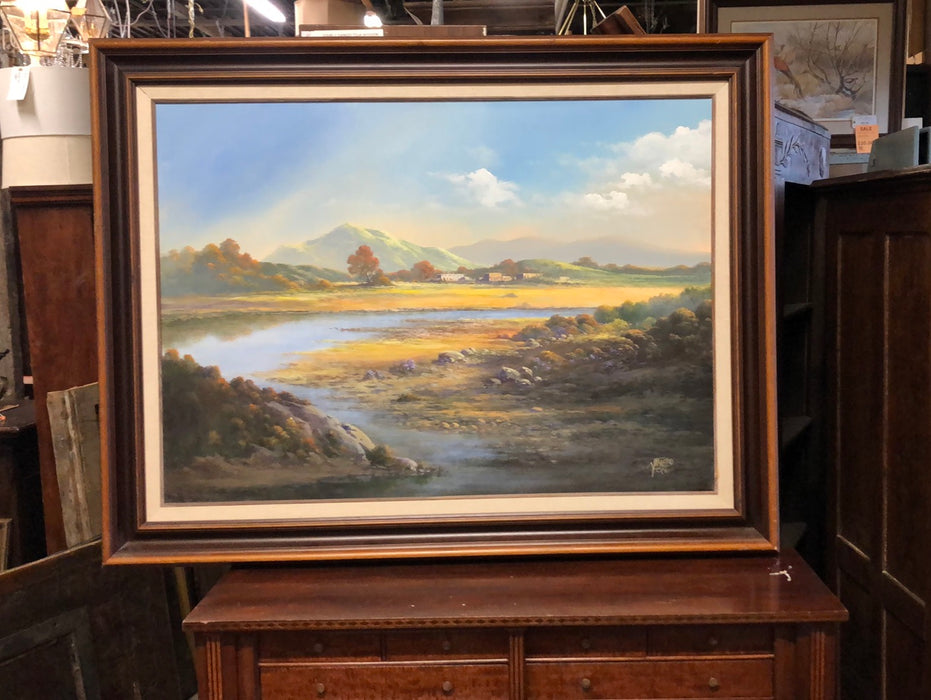 LARGE LANDSCAPE OIL PAINTING WITH MOUNTAINS AND A RIVER BY JERRY ARNELL