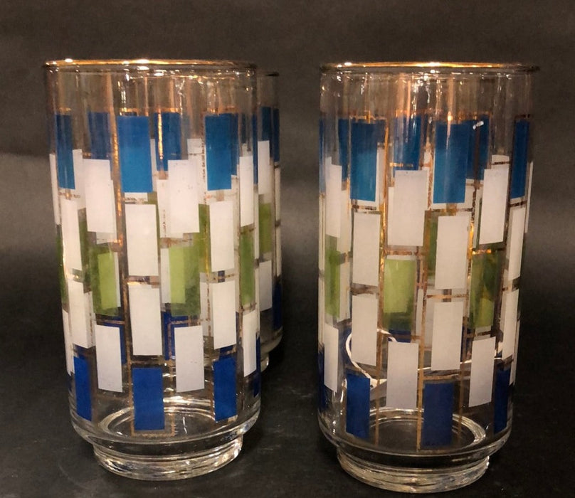 SET OF 4 MCM BLUE AND GREEN GEOMETRIC DESIGN GLASSES