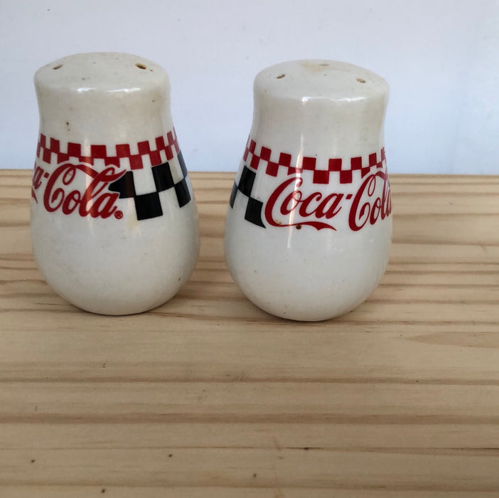 Red and black check Coca-Cola salt and pepper shakers