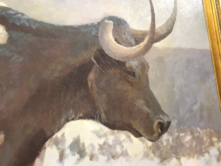 LARGE FRAMED OIL PAINTING OF TEXAS LONG HORNS BY ROBERT DE LEON