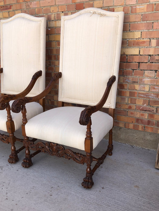 PAIR WALNUT HIGH BACK PAW FEET ARCHED FAUTEUIL CHAIRS