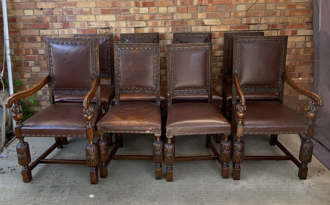 SET OF 8 OAK AND LEATHER TUDOR STYLE CHAIRS