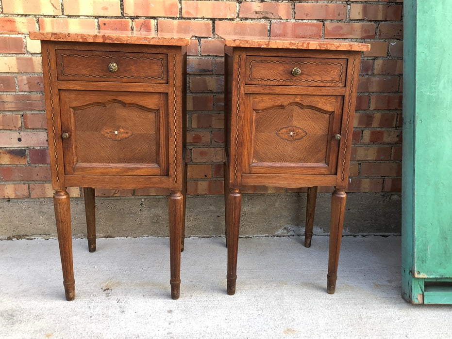 PAIR OF FRENCH INLAID OAK MARBLE TOP STANDS AS FOUND