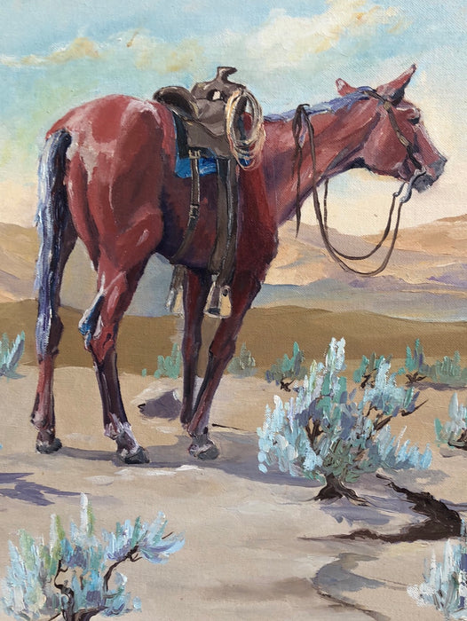 HORSE AND COWBOY AT THE FENCE OIL PAINTING ON BOARD BY BUCK MCCAIN