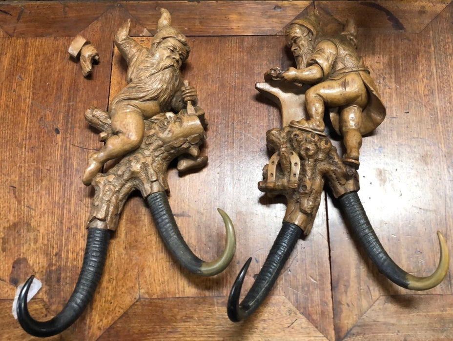 PAIR OF HAND CARVED GNOMES WITH ANTLER WALL HOOKS - AS FOUND