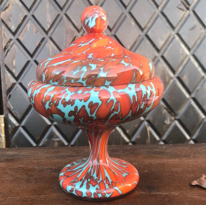 ART GLASS ORANGE AND TURQUOISE LIDDED COMPOTE