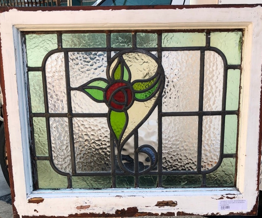 STAINED GLASS WINDOW WITH RED ROSE AND GREEN BORDER