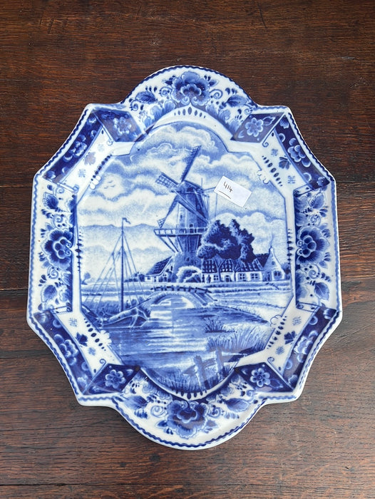 SHAPED BLUE AND WHITE DELFT WINDMILL PLATTER/PLAQUE