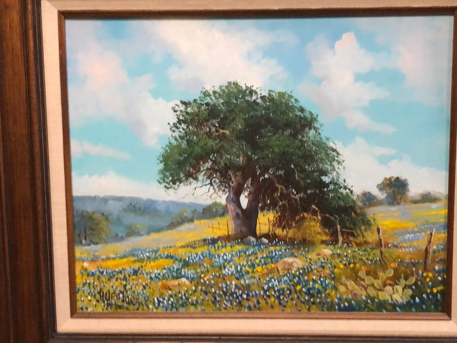 BLUEBONNETS AND A TREE OIL PAINTING BY ALLEN KING