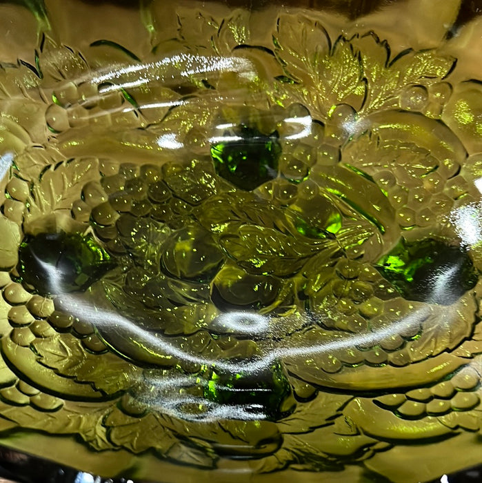 LARGE VINTAGE OVAL GREEN GLASS COMPOTE
