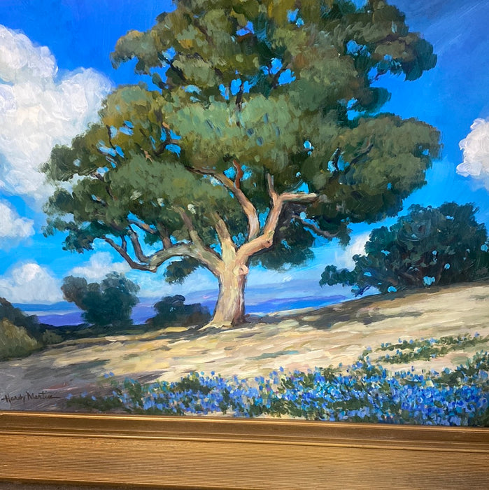 HARDY MARTIN LANDSCAPE WITH BLUE SKY AND TREE IN CENTER OIL PAINTING
