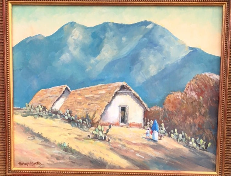 OIL PAINTING OF MEXICAN HUTS BY THE MOUNTAINS BY HARDY MARTIN