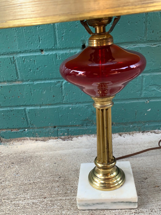 RUBY GLASS WITH REEDED BRASS AND MARBLE BASE TABLE LAMP