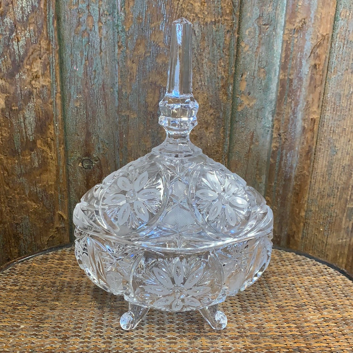 ETCHED CRYSTAL OVAL FOOTED CANDY DISH WITH LID