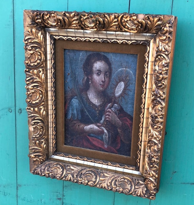 SMALL FEMALE SAINT OIL PAINTING HOLDING A MONSTRONCE ON CANVAS IN GILT FRAME