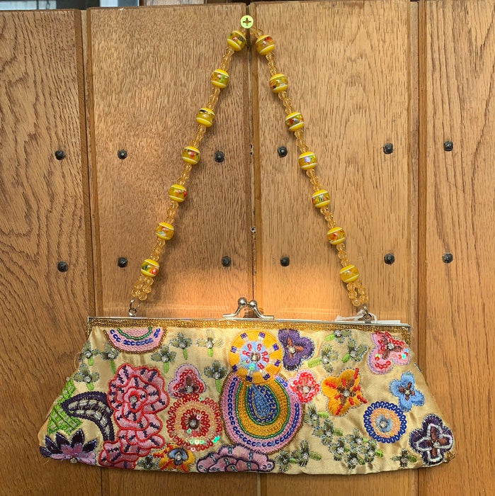YELLOW AND POLYCHROME EMBROIDERED PURSE