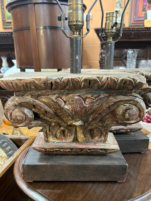 PAIR OF CARVED ANTIQUE WOOD CAPITALS LAMPS