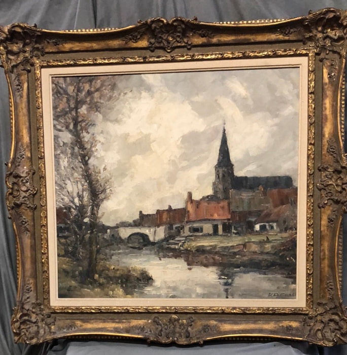 IMPASTO IMPRESSIONIST LARGE CHURCH OIL PAINTING IN ORNATE FRAME-SIGNED