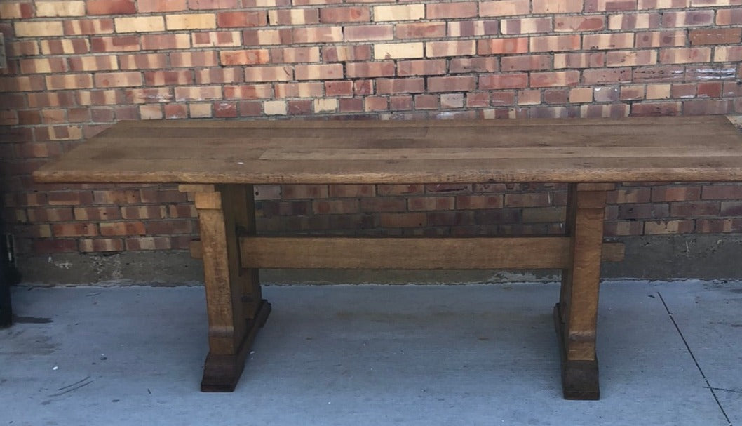 RUSTIC ROUGH HEWN OAK TRESTLE TABLE