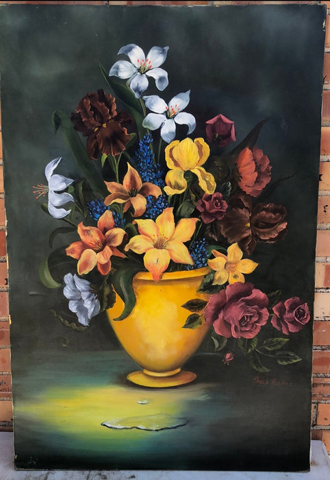 UNFRAMED OIL PAINTING OF FLOWERS IN YELLOW VASE