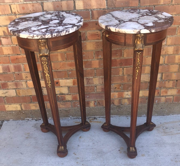PAIR OF TALL EMPIRE MAHOGANY PEDESTALS WITH VEINED MARBLE