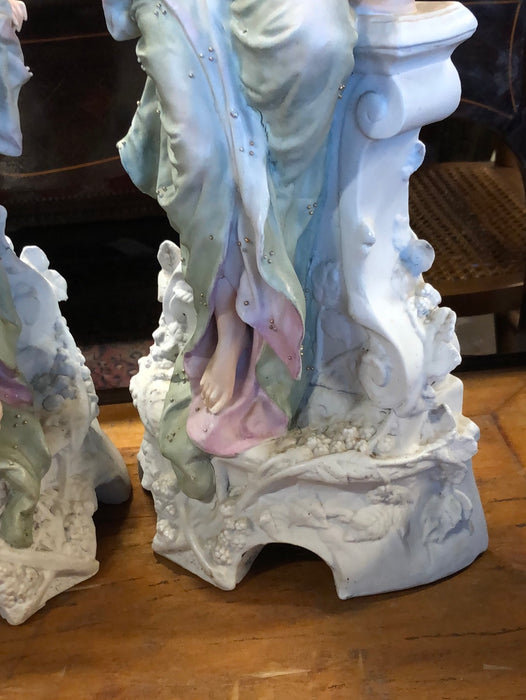 PAIR OF LARGE BISQUE LADY WITH CHERUBS FIGURES