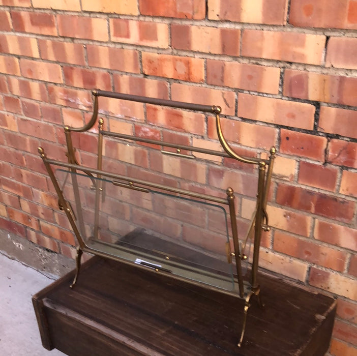 BRASS AND GLASS CANTERBURY MAGAZINE RACK