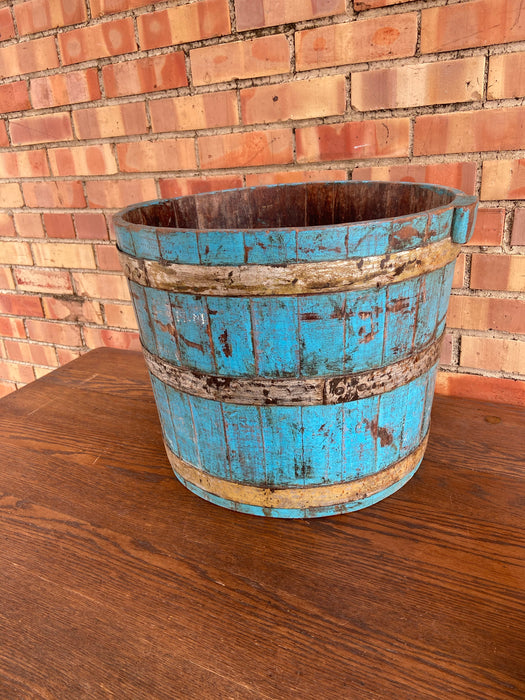 LARGE PRIMITIVE TURQUOISE PAINTED STAVED BUCKET