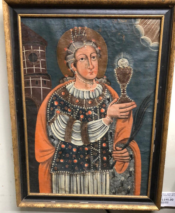 19TH CENTURY SAINT WITH CHALICE OIL PAINTING ON CANVAS