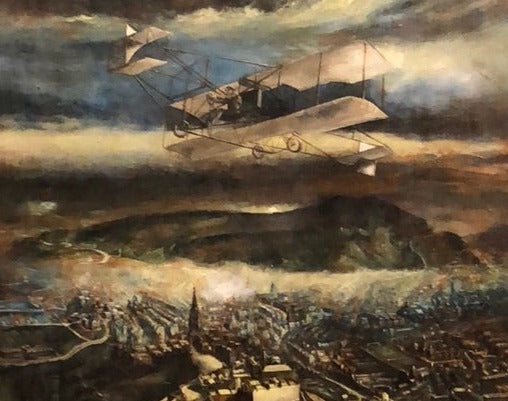 SURREAL BIPLANE OVER PARIS OIL PAINTING ON CANVAS