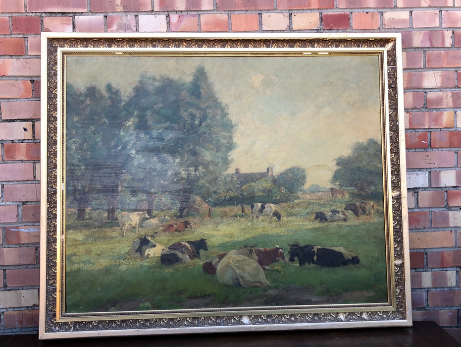 LARGE GOLD FRAMED IMPRESSSIONIST COWS PAINTING