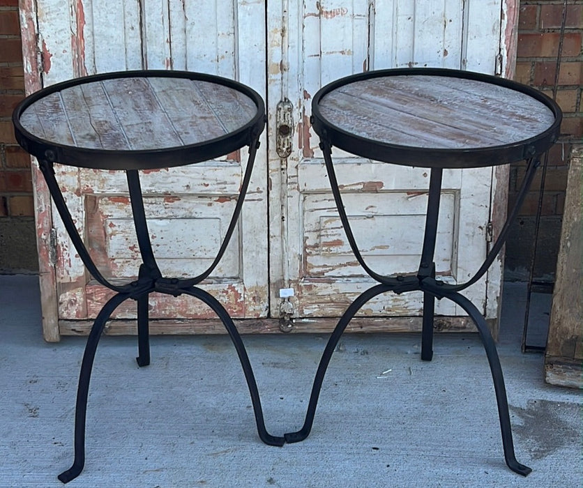 PAIR OF METAL LAMP TABLES WITH WOOD INSET TOP - NOT OLD
