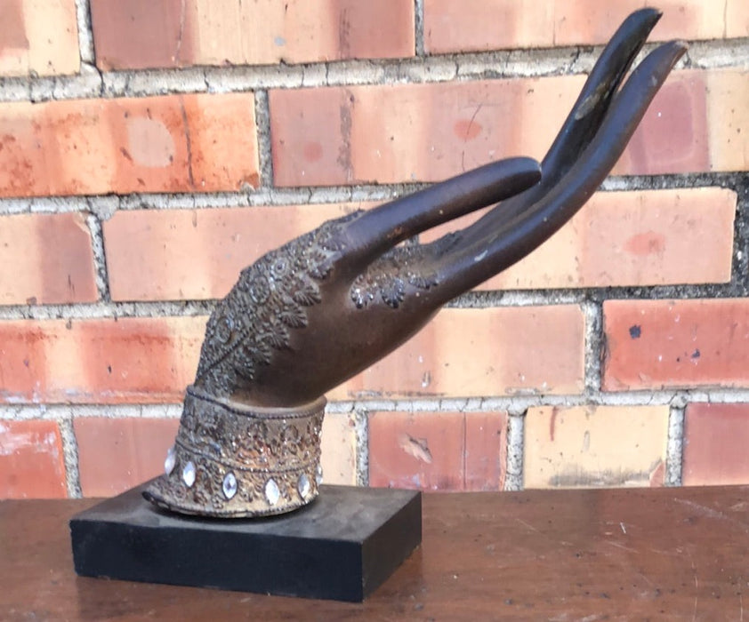 INDIAN WOOD WITH BRASS OVERLAY  HAND