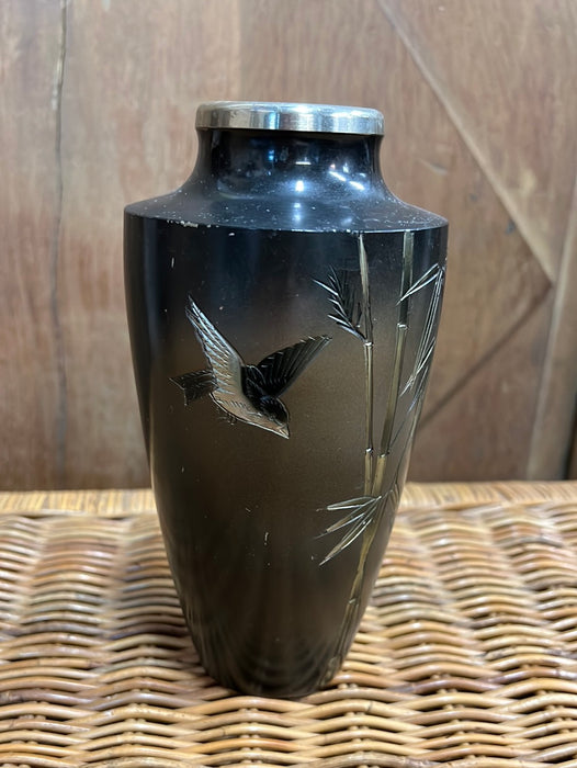 ETCHED METAL BLACK AND SILVER VASE WITH BIRD AND BAMBOO DESIGN