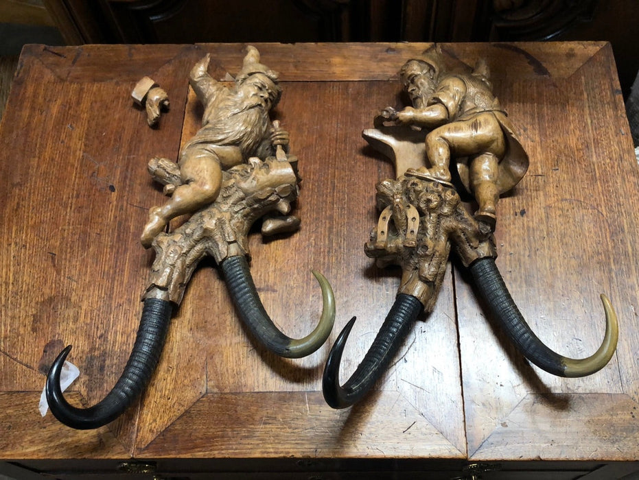 PAIR OF HAND CARVED GNOMES WITH ANTLER WALL HOOKS - AS FOUND