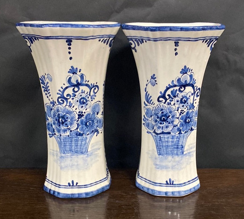 PAIR OF DELFT OCTOGONAL FLORAL FLARED TOP VASES