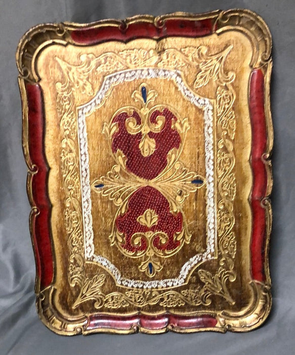 LARGE FLORENTINE RECTANGULAR TRAY WITH RED AND GOLD